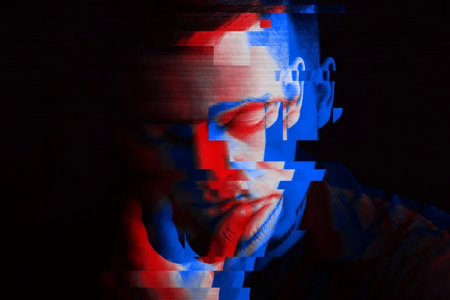 male portrait with red and blue graphic overlay